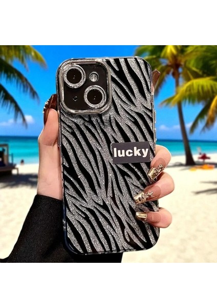 iPhone 15 Uyumlu Zebana Camlı Lens Korumalı Lucky Işıltı Silikon Kılıf(Siyah)