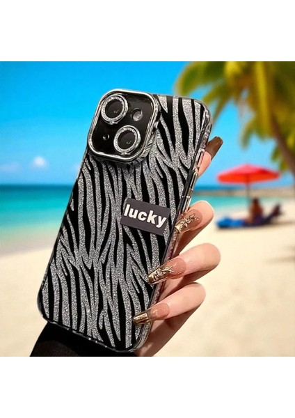 iPhone 15 Uyumlu Zebana Camlı Lens Korumalı Lucky Işıltı Silikon Kılıf(Siyah) fiyatları