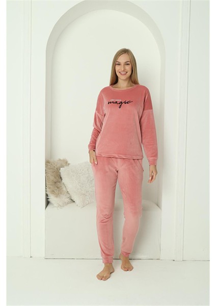 Kadın Kadife Pembe Pijama Takım 20624 modelleri