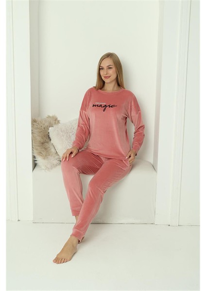Kadın Kadife Pembe Pijama Takım 20624 fırsatları