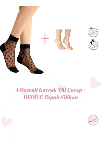 4’lü Kadın Tül Çorap Seti | Desenli + Hediye Topuk Silikon | Şık & Rahat