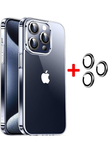 iPhone 15 Pro Max Kılıf Şeffaf Kenarları Silikon Lens Koruyuculu Kapak