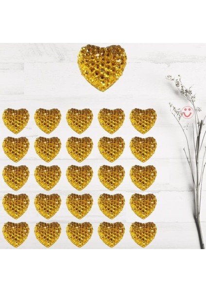 Altın Polyester Kalp Fiyonk, 1,3 Cm, 25 Adet, Nişan ve Kına Süsleri