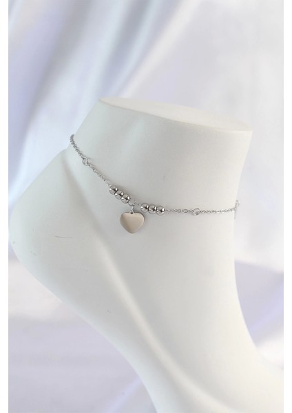 Bfs 316L Çelik Gümüş Renk Zirkon Taş Detay Kalpli Halhal