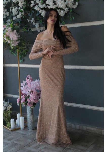 Gold Kayık Yaka Simli Uzun Kol Abiye 9705266.122 modelleri