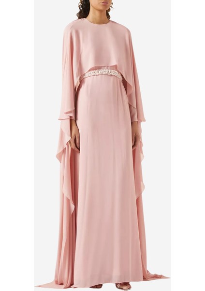 Anais Pembe Şifon Işlemeli Bel Detaylı Cape Abiye Elbise