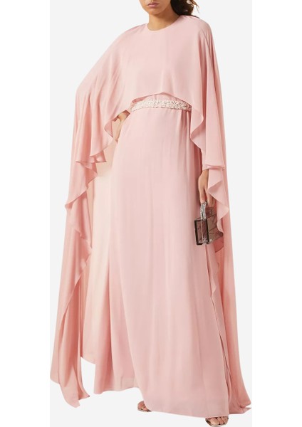 Anais Pembe Şifon Işlemeli Bel Detaylı Cape Abiye Elbise fiyatları