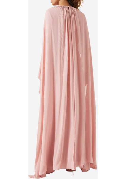 Anais Pembe Şifon Işlemeli Bel Detaylı Cape Abiye Elbise modelleri