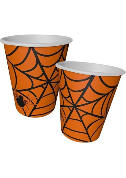 Turuncu Halloween Örümcek Ağlı 8'li Bardak Seti, Renkli ve Eğlenceli Tasarım
