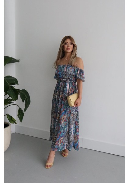 Kadın Kısa Kollu Madonna Yaka Fırfırlı Belden Yırtmaçlı Maksi Süprem Elbise - 2xl-3xl - Mavi