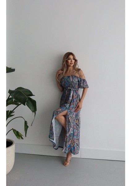 Kadın Kısa Kollu Madonna Yaka Fırfırlı Belden Yırtmaçlı Maksi Süprem Elbise - 2xl-3xl - Mavi indirimleri