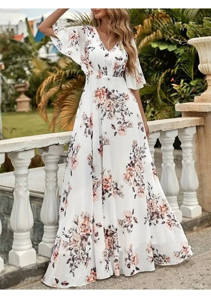 Kadın Kısa Kollu V Yakalı Çiçek Desenli Süprem Elbise - L-Xl - Beyaz