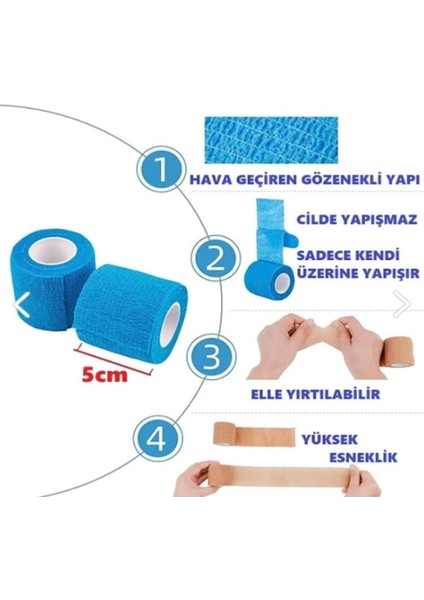 Mavi Kendine Yapışan Elastik Bandaj 5cm x 4,5m, Rahat ve Pratik Kullanım Sağlar