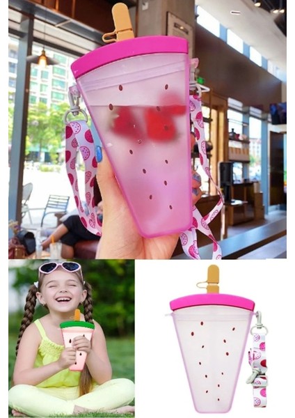 Pembe Karpuz Şekilli 320ML Motivasyonel Pipetli Su Şişesi, Renkli ve Askılı, Bpa Içermez