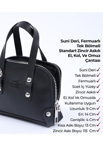 Siyah SHK224 Suni Deri Mini Boy Fermuarlı Tek Bölmeli Zincirli El. Kol ve Omuz Çantası