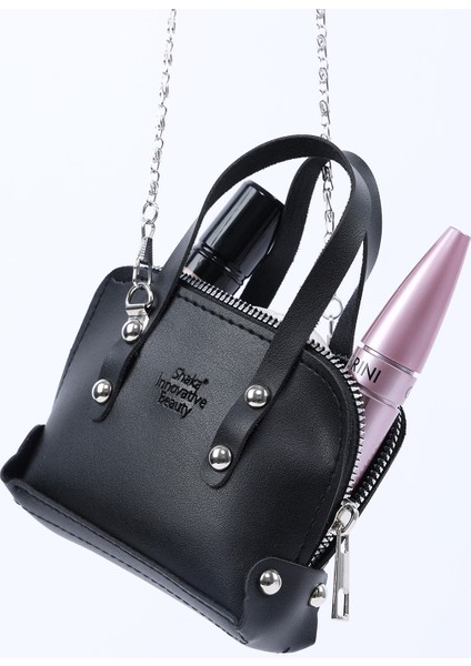Siyah SHK224 Suni Deri Mini Boy Fermuarlı Tek Bölmeli Zincirli El. Kol ve Omuz Çantası