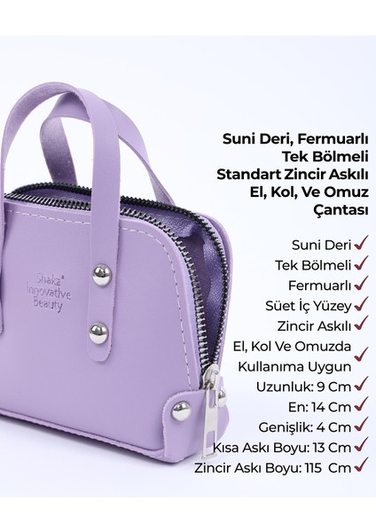 Lila SHK224 Suni Deri Mini Boy Fermuarlı Tek Bölmeli Zincirli El. Kol ve Omuz Çantası