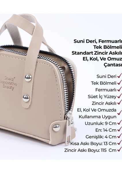Vizon SHK224 Suni Deri Mini Boy Fermuarlı Tek Bölmeli Zincirli El. Kol ve Omuz Çantası
