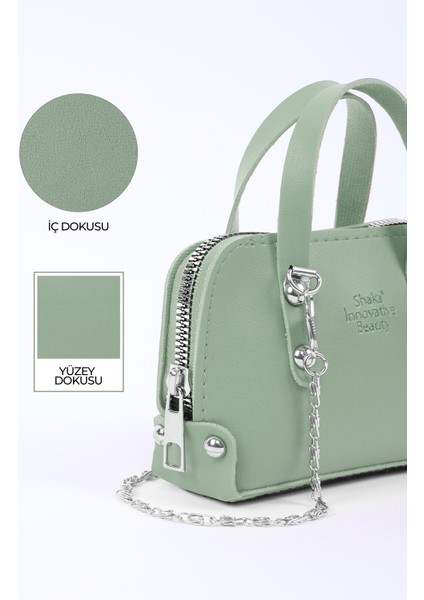 Mint Yeşil SHK224 Suni Deri Mini Boy Fermuarlı Tek Bölmeli Zincirli El. Kol ve Omuz Çantası indirimleri