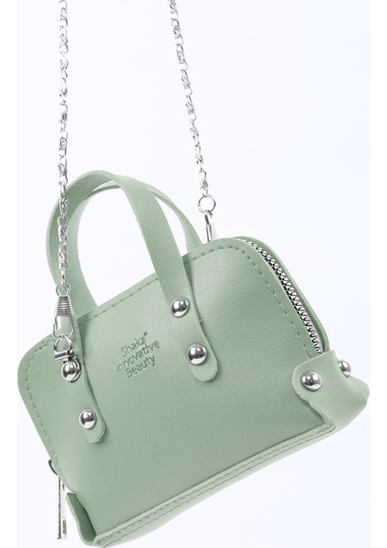 Mint Yeşil SHK224 Suni Deri Mini Boy Fermuarlı Tek Bölmeli Zincirli El. Kol ve Omuz Çantası