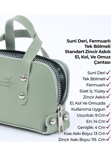 Mint Yeşil SHK224 Suni Deri Mini Boy Fermuarlı Tek Bölmeli Zincirli El. Kol ve Omuz Çantası