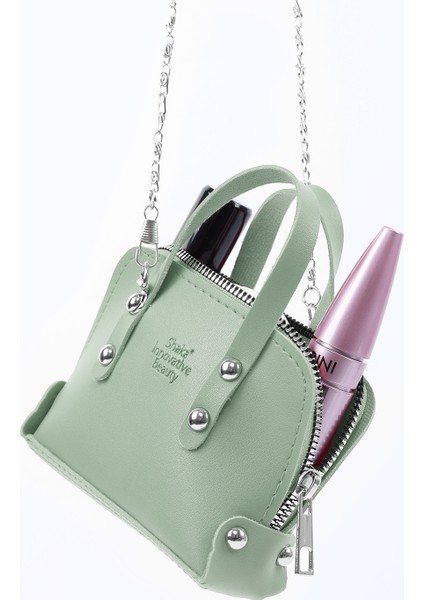 Mint Yeşil SHK224 Suni Deri Mini Boy Fermuarlı Tek Bölmeli Zincirli El. Kol ve Omuz Çantası