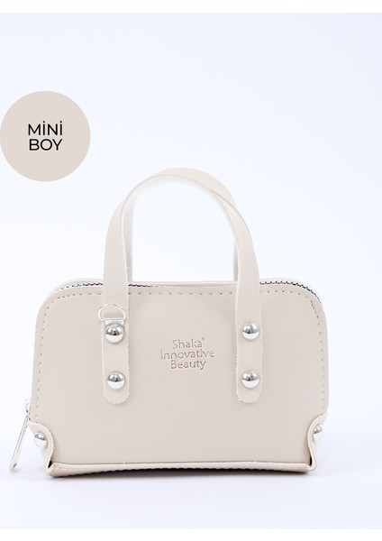 Krem SHK224 Suni Deri Mini Boy Fermuarlı Tek Bölmeli Zincirli El. Kol ve Omuz Çantası