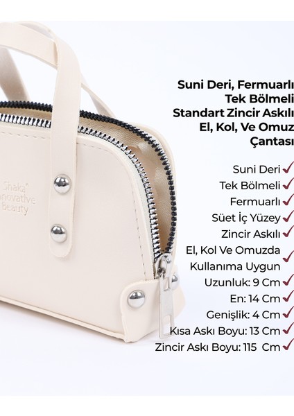 Krem SHK224 Suni Deri Mini Boy Fermuarlı Tek Bölmeli Zincirli El. Kol ve Omuz Çantası
