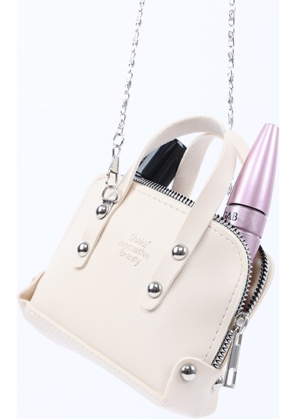 Krem SHK224 Suni Deri Mini Boy Fermuarlı Tek Bölmeli Zincirli El. Kol ve Omuz Çantası