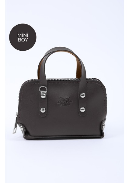 Kahve Rengi SHK224 Suni Deri Mini Boy Fermuarlı Tek Bölmeli Zincirli El. Kol ve Omuz Çantası
