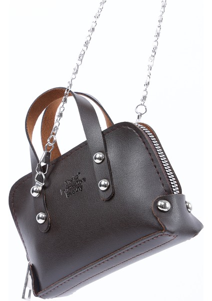 Kahve Rengi SHK224 Suni Deri Mini Boy Fermuarlı Tek Bölmeli Zincirli El. Kol ve Omuz Çantası