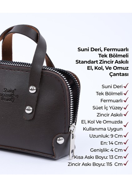 Kahve Rengi SHK224 Suni Deri Mini Boy Fermuarlı Tek Bölmeli Zincirli El. Kol ve Omuz Çantası