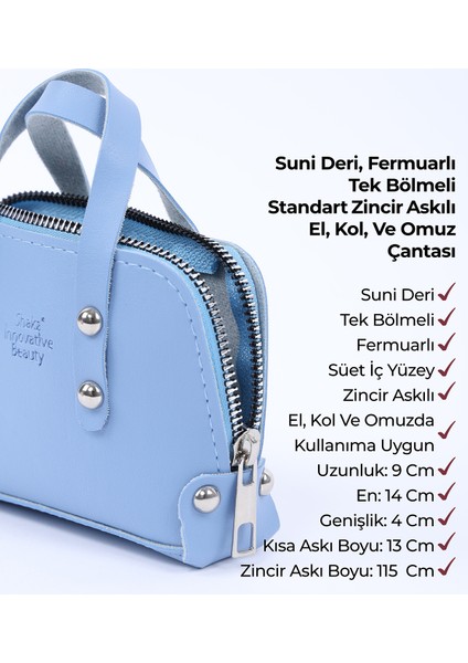 Mavi SHK224 Suni Deri Mini Boy Fermuarlı Tek Bölmeli Zincirli El. Kol ve Omuz Çantası