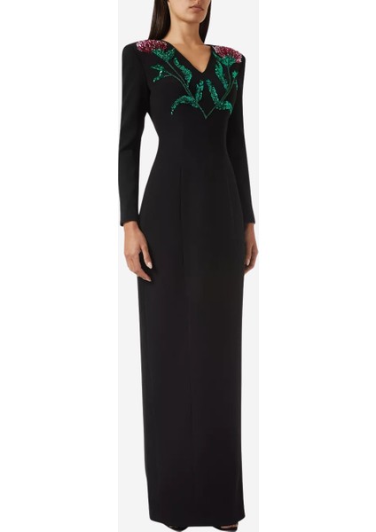 Celine Siyah Krep Çiçek Işlemeli V Yaka Abiye Elbise