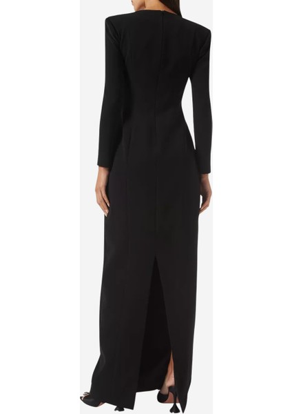 Celine Siyah Krep Çiçek Işlemeli V Yaka Abiye Elbise modelleri