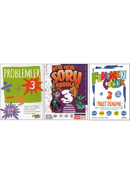 Fenomen 3. Sınıf Problemler+Kırmızı Beyaz Yeni Nesil Soru Fabrikası+Fenomen Paket Deneme (3 Kitap)