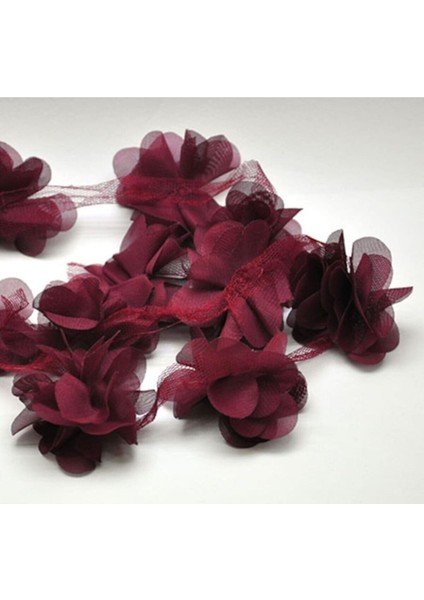 Bordo 1m Gül Lazer Kesim Çiçek, Organze Tül Kenar Süsü, Tekstil Tasarım Bezleri