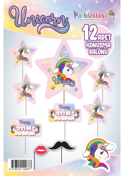 Pembe Unicorn Konuşma Balonu 12 Adet, Partioyunevi, Renkli ve Eğlenceli Süsleme Seti