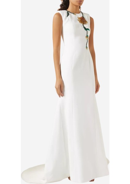 Josephine Krep Çiçek Işlemeli Uzun Abiye Elbise