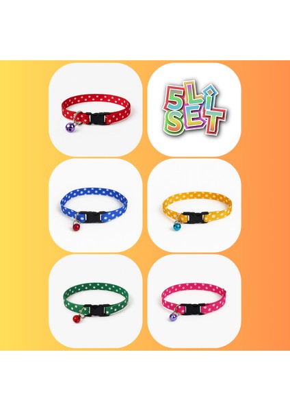 Kedi Boyun Tasması Zilli 5'li Set 20-30 cm Kırmızı Mavi Yeşil Sarı Pembe