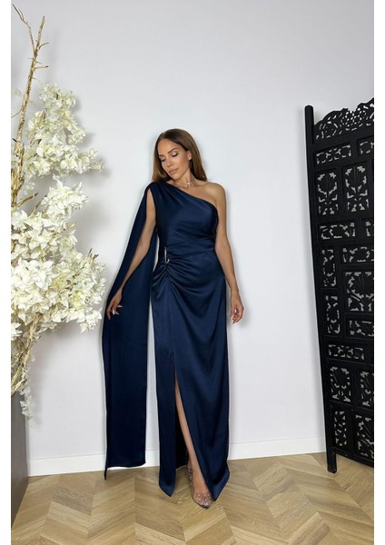 G1442 Tek Omuz Saten Tasarım Elbise Lacivert