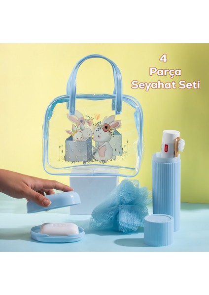 3144 Tavşan Figürlü Seyahat Seti - Diş Fırçası Kutusu Banyo Lifi Sabun Kutusu Seyahat Çantası Mavi