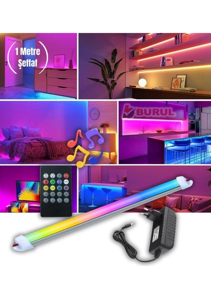 1 Metre Şeffaf 8 Renk Kumandalı Sese Duyarlı Renk Değiştiren Rgb Çubuk Şerit LED Işık SB-6541