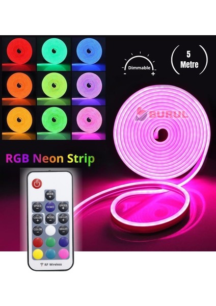 5 Metre 20 Renk Rf Kumandalı Renk Değiştiren Rgb Neon LED Şerit Işık Seti SB-6562