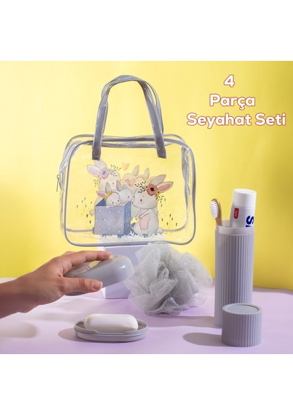 3145 Tavşan Figürlü Seyahat Seti - Diş Fırçası Kutusu Banyo Lifi Sabun Kutusu Gri