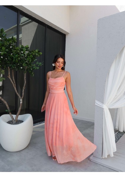 Askılı Drapeli Şifon Elbise