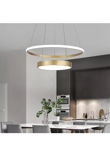Gold Ø60CM, 3000K Işık, Kumandalı, Halka Davul Avize, Sarkıt Modern Aydınlatma, Dekoratif Işık