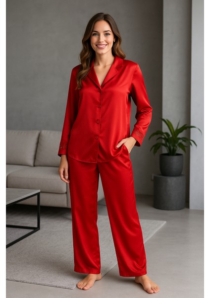 Lüks Kutulu Saten Pijama Takımı – Dantel Kollu, Uzun Kollu, Kore Ipeği Dokulu, Çeyizlik Hediye Seçeneği