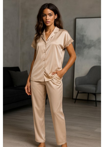 Premium Saten Çeyizlik Kadın Pijama Takımı – Kore Ipeği Dokusu, Dantel Detaylı, Hediye Kutulu