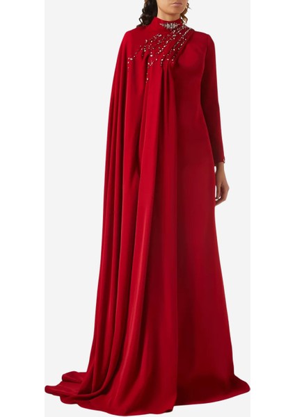 Shirin Kristal Işlemeli Yüksek Yaka Kırmızı Abiye Elbise